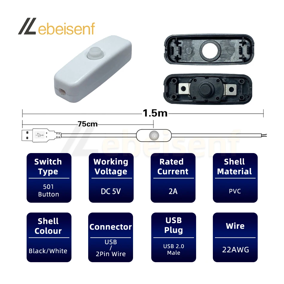 Alternative view of New 5V Switch Power Supply Wire 1.5M USB Male to 2 Core Connection Cable 501 Button ON OFF 2A For LED Strip Lamp Bulb Light DIY