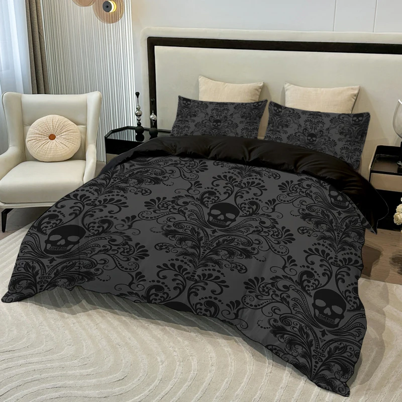 Alternative view of 3pcs Skull Flower Duvet set With Flower Skull Pattern, Includes 1 Duvet Cover And 2 Pillowcases, Suitable For All Seasons