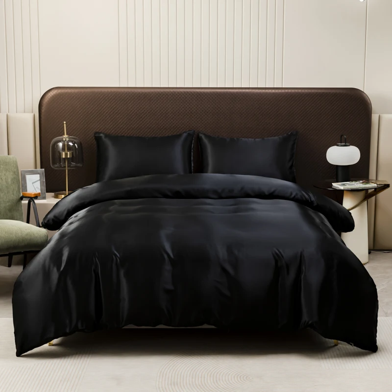 Alternative view of Black Luxury Ice Silk Bedding Set Satin Silky Duvet Cover Set With Pillowcase High-end Home Textiles Solid Color Bed Cover Sets