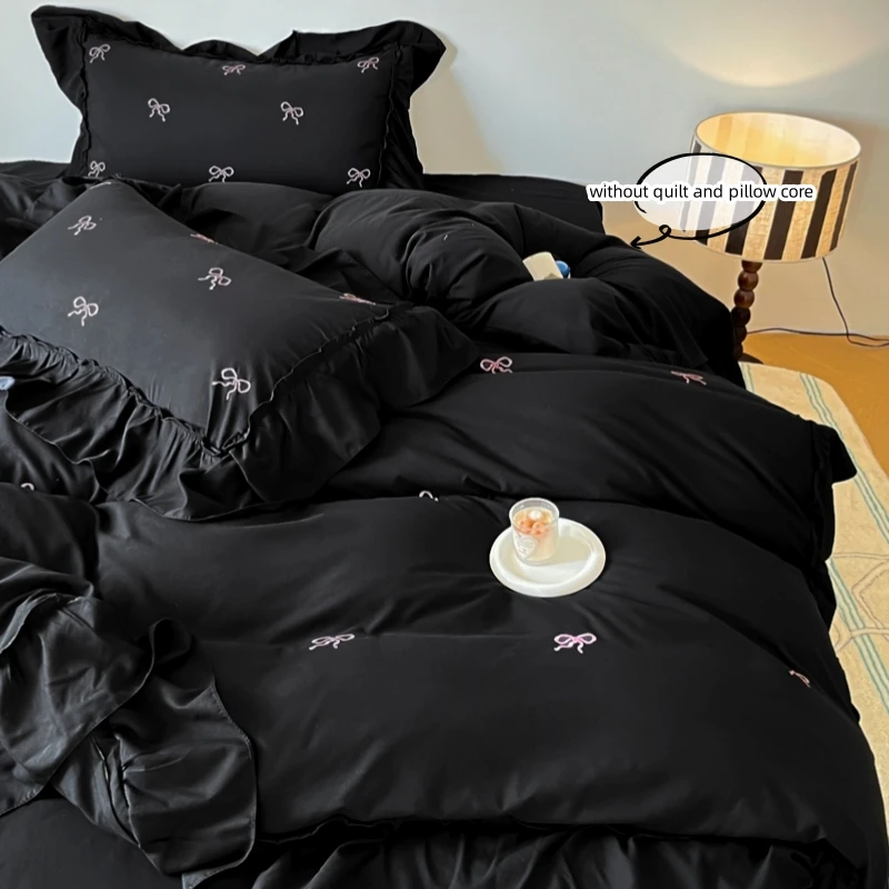3pcs bow embroidery Bedding set ruffles Duvet Cover Set (1*Duvet Cover + 2*Pillowcase, Without Core)for bedroom guest room