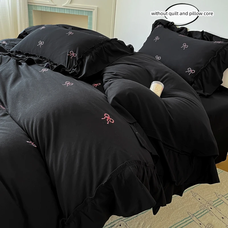 3pcs bow embroidery Bedding set ruffles Duvet Cover Set (1*Duvet Cover + 2*Pillowcase, Without Core)for bedroom guest room