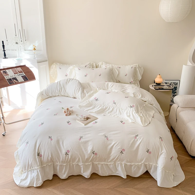 Alternative view of 3pcs Rose Embroidered Duvet Cover Set (1*Duvet Cover + 2*Pillowcase, Without Core), Princess Style Lace Bedding Set