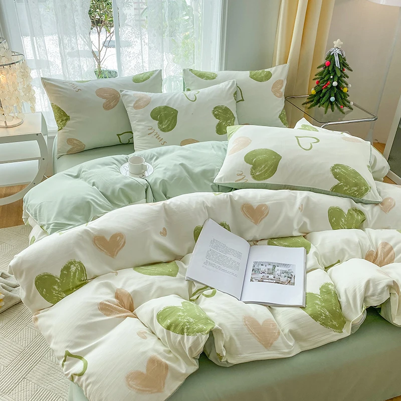 Alternative view of 3-piece cartoon heart-shaped plant floral print set, a duvet cover and a pair of pillowcases (no padding), suitable for bedroom