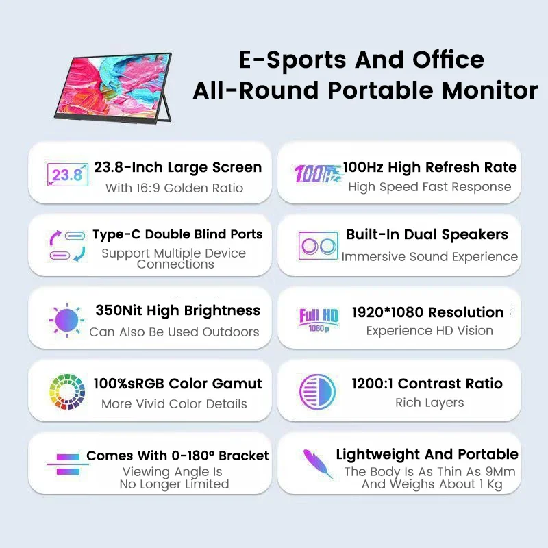Alternative view of 23.8 Inch 100Hz 1080P FHD Portable Monitor 100%sRGB HDR Gaming Display With VESA & Stand 180° Adjustable For Laptop PS4/5 Switch