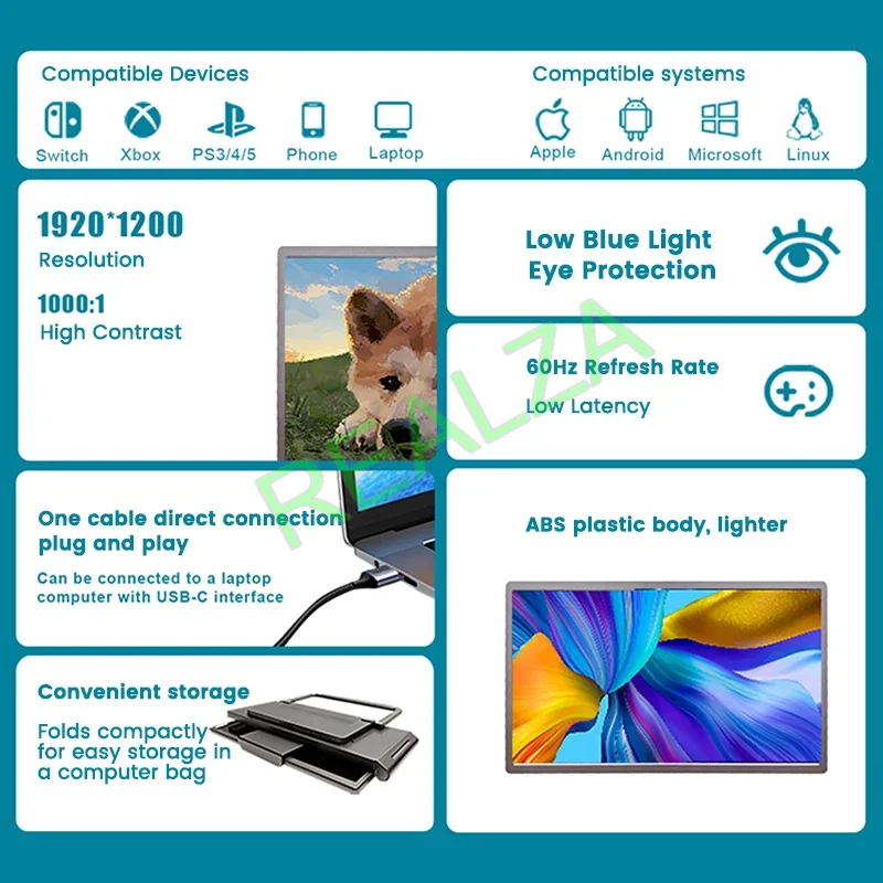 14 Inch 1920 x 1200 Three Screen Display Portable Monitor USB-C 3.1 IPS Foldable Dual External Monitor For 13.3 - 17 Inch Laptop
