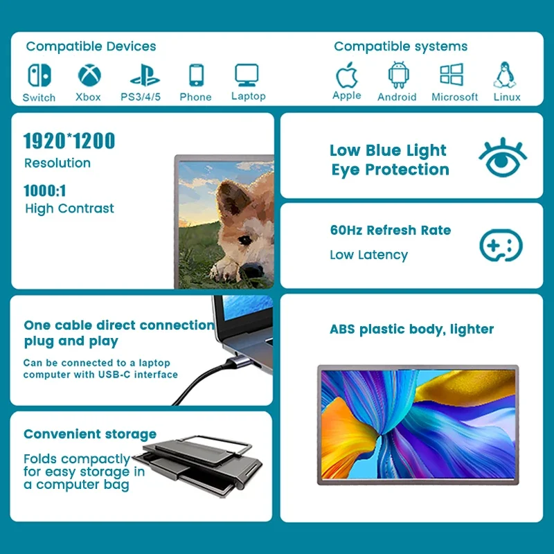 Alternative view of 14 Inch 1920 x 1200 Three Screen Display Portable Monitor USB-C 3.1 IPS Foldable Dual External Monitor For 13.3 - 17 Inch Laptop