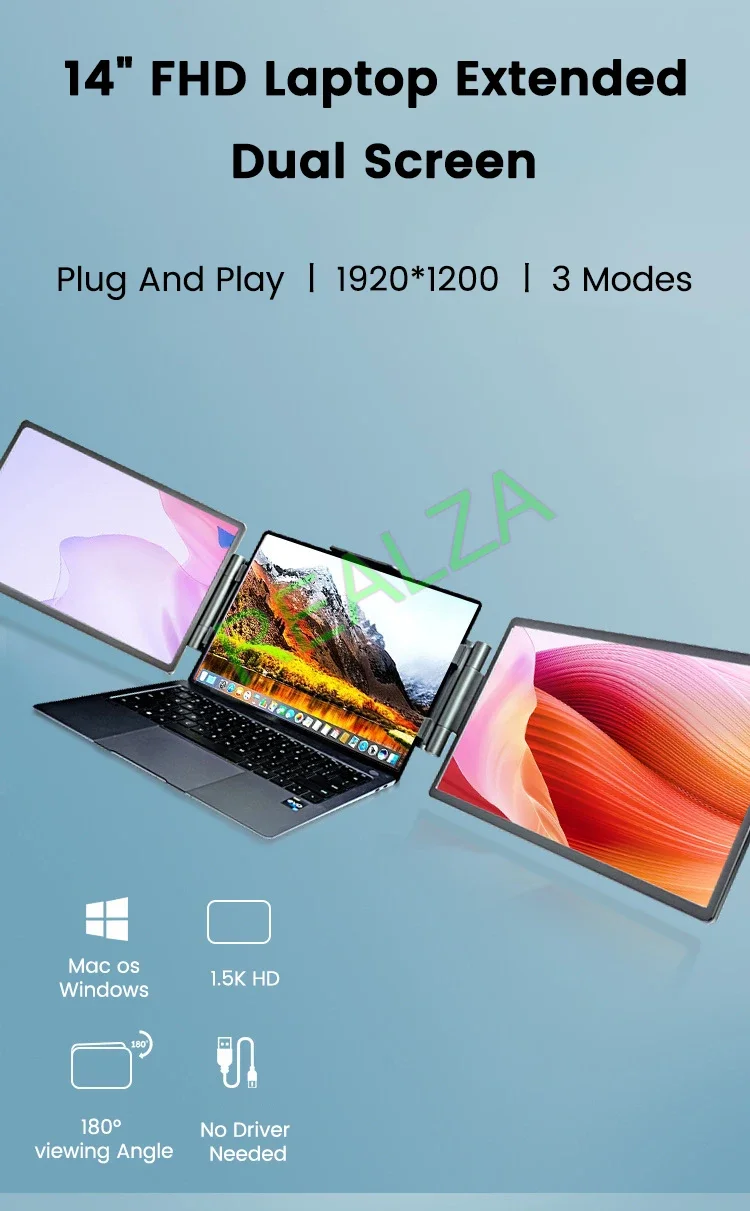 14 Inch 1920 x 1200 Three Screen Display Portable Monitor USB-C 3.1 IPS Foldable Dual External Monitor For 13.3 - 17 Inch Laptop