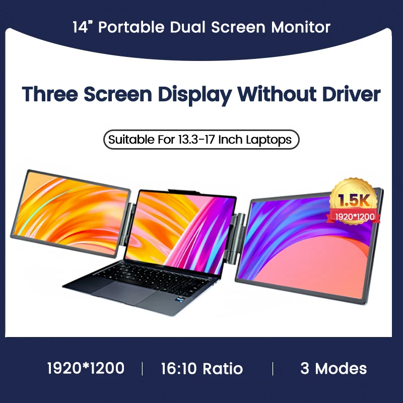 14 Inch 1920 x 1200 Three Screen Display Portable Monitor USB-C 3.1 IPS Foldable Dual External Monitor For 13.3 - 17 Inch Laptop