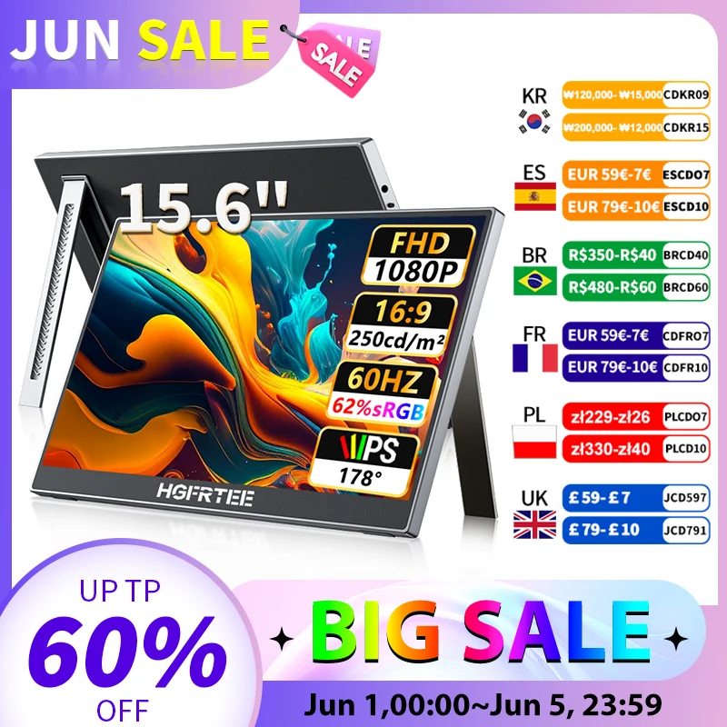 HGFRTEE 15.6 inch Portable Monitor FHD 1080P with HDMI USB-C Second Monitor Extended Display for PC Laptop Mac Switch Xbox PS4/5