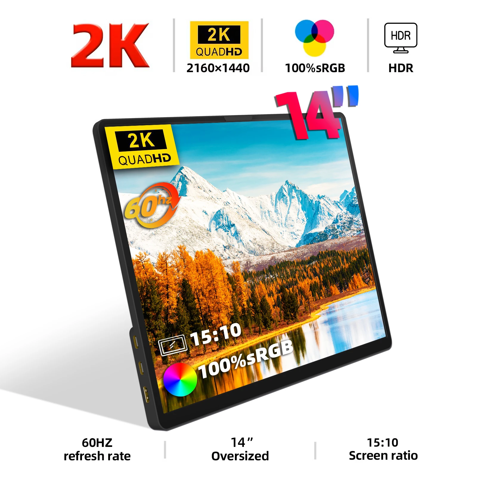 ZSUS 2160*1440 14-inch 2K 60HZ Portable Monitor For Laptop XBox PS4 / 5 Switch TV Box Cell Phone PC Extension Mobile