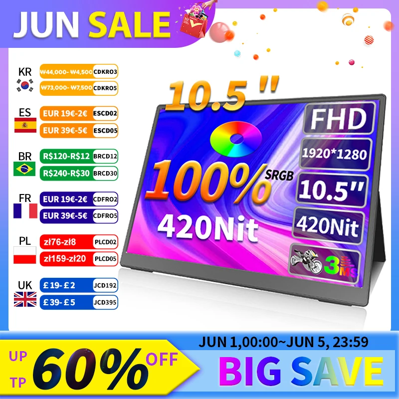 HGFRTEE 10.5 inch Portable Monitor 1280P IPS FHD 100% SRGB 1500:1 For Laptop Mac Xbox PS4/5 Switch Mini Display