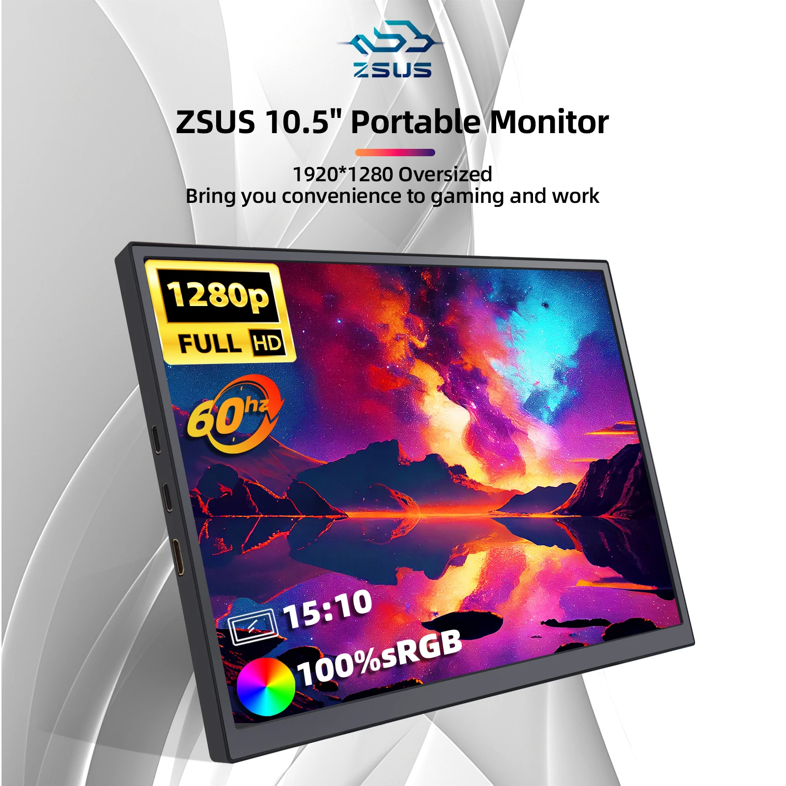 ZSUS 10.5-Inch Portable Monitor 1280P 100%sRGB 15:10 Low Blue Light For XBox PS4 / 5 Switch Cell Phone PC Loptop Extension ZSUS 10.5-Inch Portable Monitor 1280P 100%sRGB 15:10 Low Blue Light For XBox PS4 / 5 Switch Cell Phone PC Loptop Extension