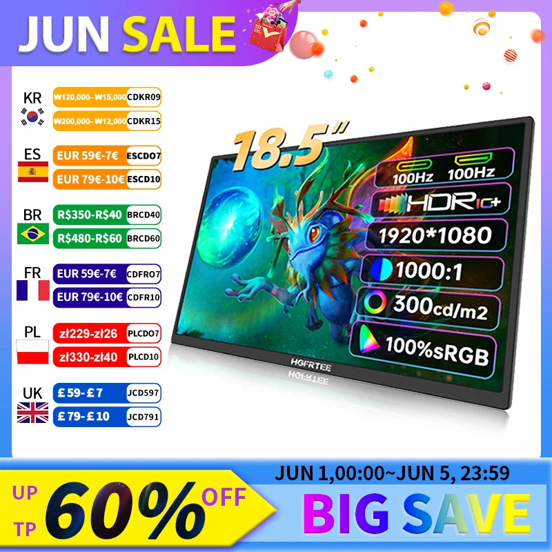 HGFRTEE 18.5inch Portable Monitor ADS-IPS 100Hz RGB100% Extended Display Laptop Second Screen With VESA Hole&Stand