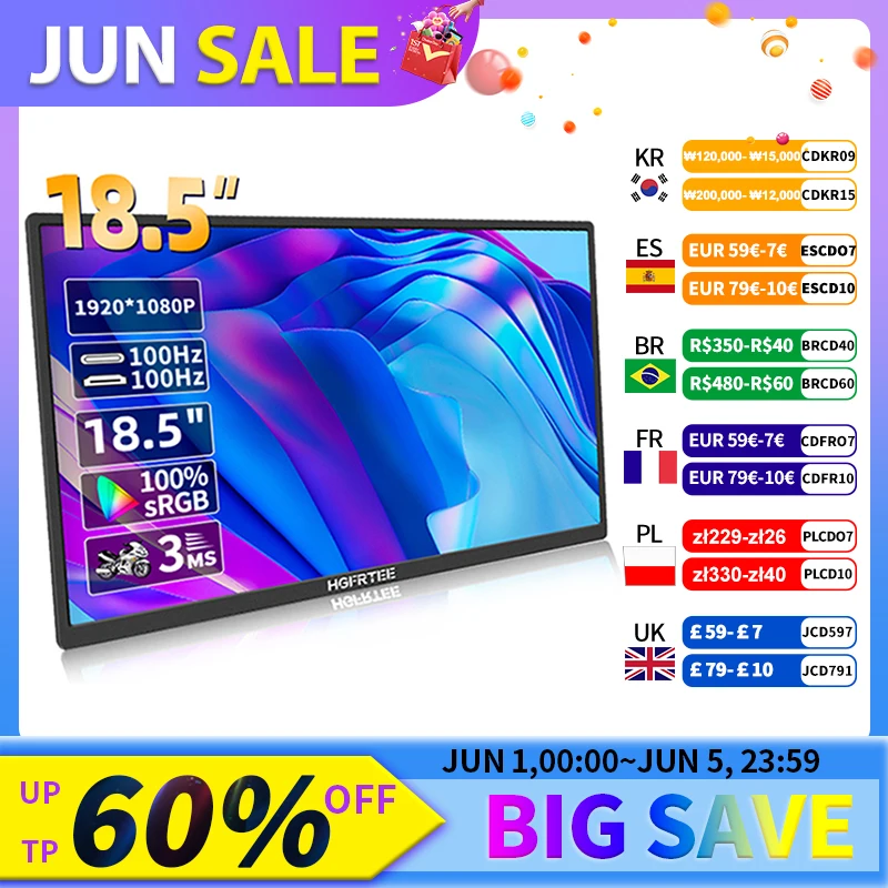 HGFRTEE 18.5inch Portable Monitor 100Hz RGB100% With VESA Hole & Back bracket Laptop Extended Display ADS-IPS HDR Screen