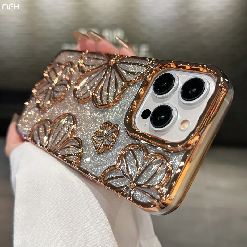 For iPhone 15 Pro Max Luxury Flash Glitter Flowers Plating Frame Phone Case For iPhone 11 12 13 14 15 16 17 Air Protective Cover