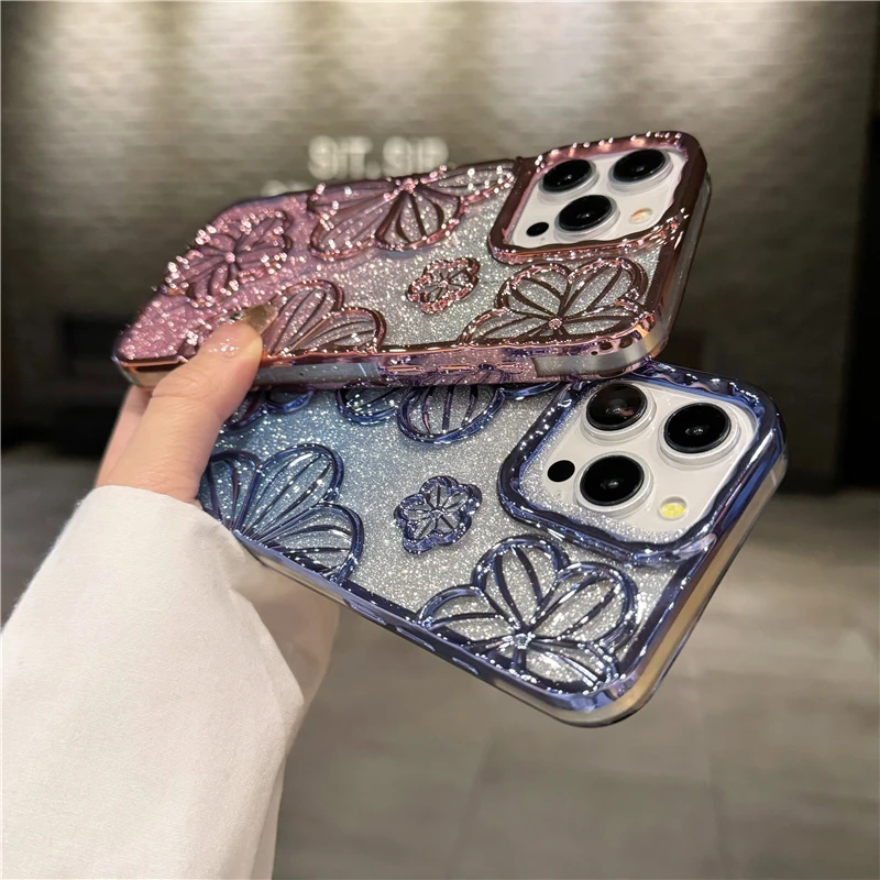 Alternative view of For iPhone 15 Pro Max Luxury Flash Glitter Flowers Plating Frame Phone Case For iPhone 11 12 13 14 15 16 17 Air Protective Cover