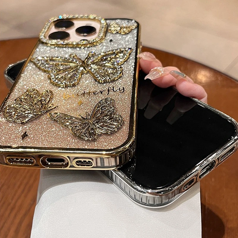 Women Girl's Diamond Butterfly Phone Case for iPhone 16 11 12 13 14 15 Pro Max 16 Plus Transparent Plating Soft Silicone Cover