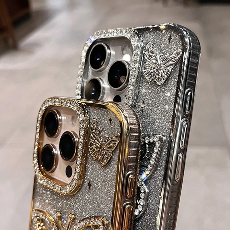 Women Girl's Diamond Butterfly Phone Case for iPhone 16 11 12 13 14 15 Pro Max 16 Plus Transparent Plating Soft Silicone Cover