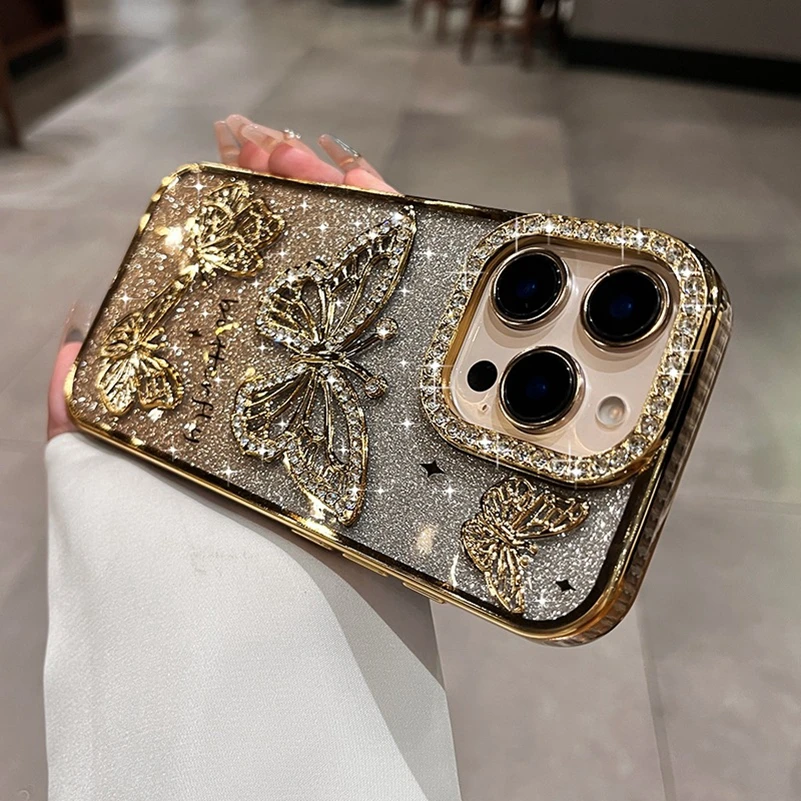 Women Girl's Diamond Butterfly Phone Case for iPhone 16 11 12 13 14 15 Pro Max 16 Plus Transparent Plating Soft Silicone Cover