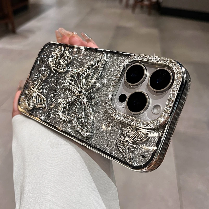 Women Girl's Diamond Butterfly Phone Case for iPhone 16 11 12 13 14 15 Pro Max 16 Plus Transparent Plating Soft Silicone Cover