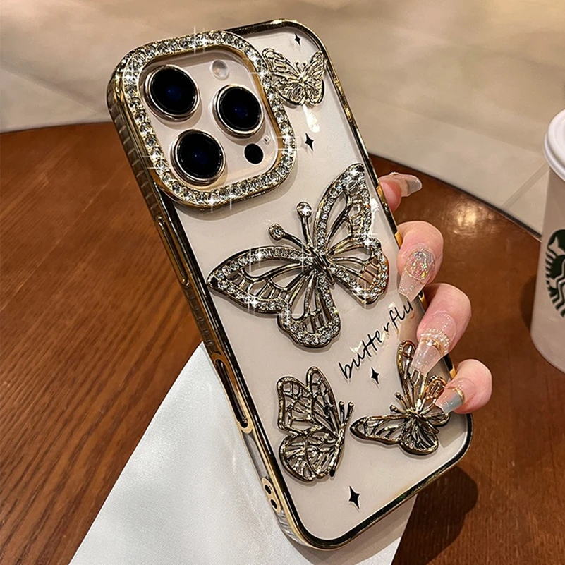 Women Girl's Diamond Butterfly Phone Case for iPhone 16 11 12 13 14 15 Pro Max 16 Plus Transparent Plating Soft Silicone Cover