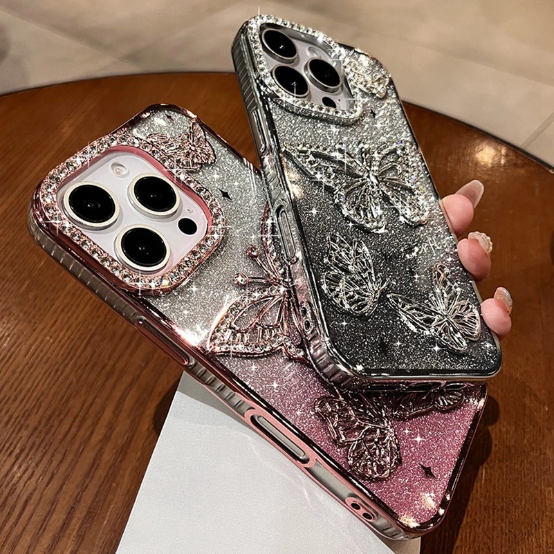 Women Girl's Diamond Butterfly Phone Case for iPhone 16 11 12 13 14 15 Pro Max 16 Plus Transparent Plating Soft Silicone Cover