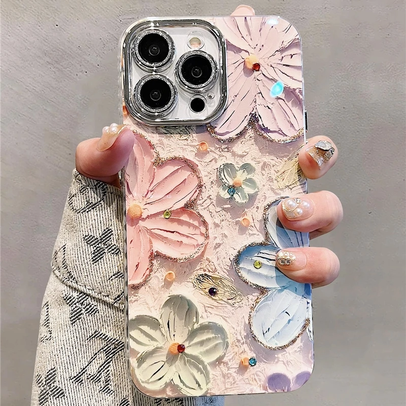 For iPhone 16 Pro Max Luxury Glitter Flowers Laser Pattern Clean Frame Phone Case For iPhone 13 14 15 16 Lens Protective Cover