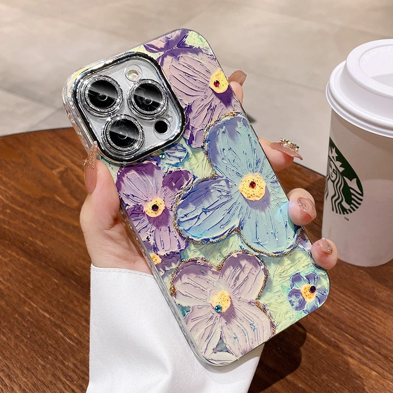 Alternative view of For iPhone 16 Pro Max Luxury Glitter Flowers Laser Pattern Clean Frame Phone Case For iPhone 13 14 15 16 Lens Protective Cover
