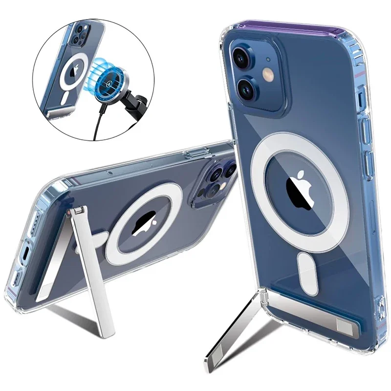 Alternative view of Clear Magnetic Phone Case with Kickstand for iPhone 17 Pro Max Air 16 15 14 Plus 13 12 11 Mini for Wireless Charging Back Cover
