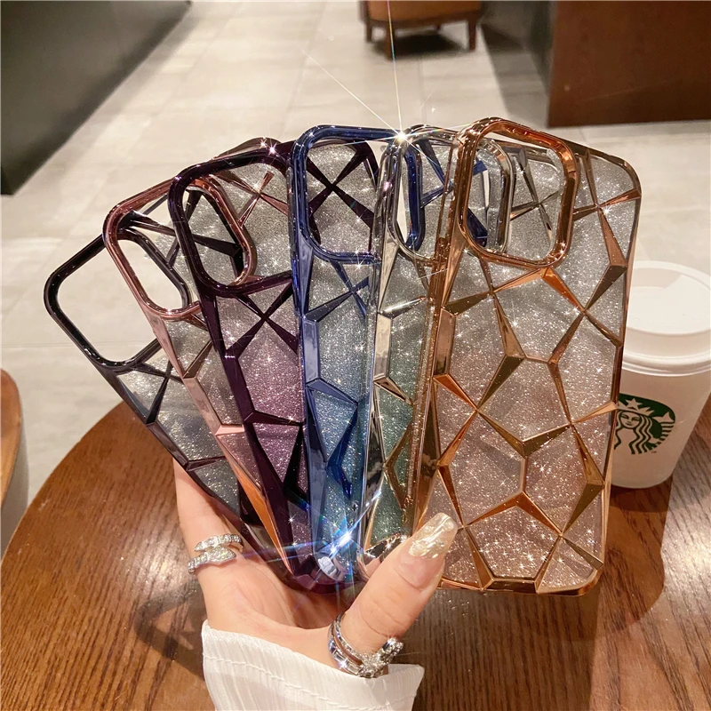 Alternative view of Luxury Plating Transparent Diamond Flash Glitter Phone Case For iPhone 17air 11 12 13 14 16 Pro Max Bumper Protector On 15 Cover