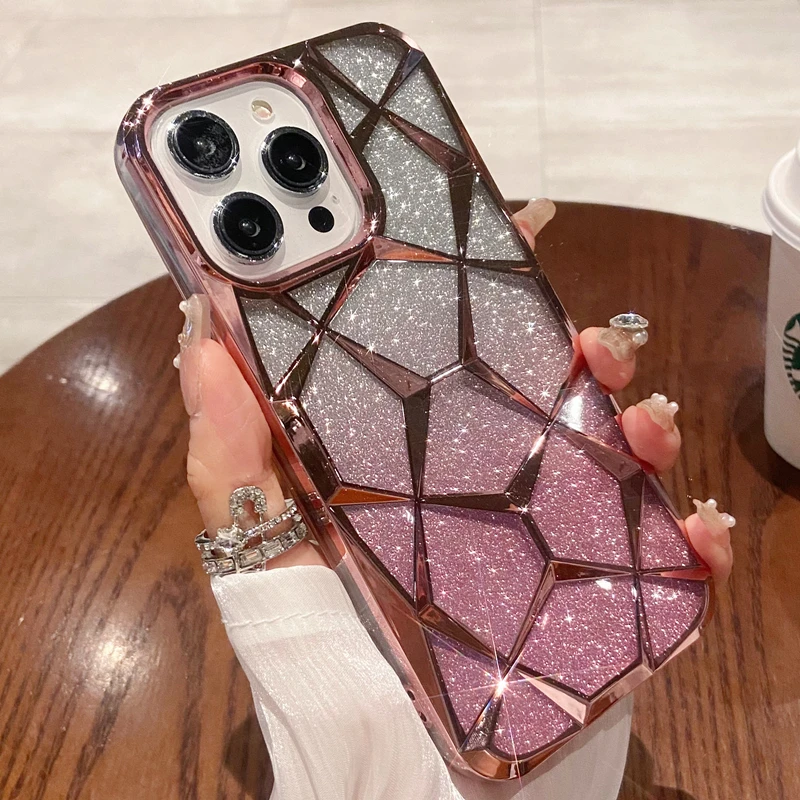 Luxury Plating Transparent Diamond Flash Glitter Phone Case For iPhone 17air 11 12 13 14 16 Pro Max Bumper Protector On 15 Cover