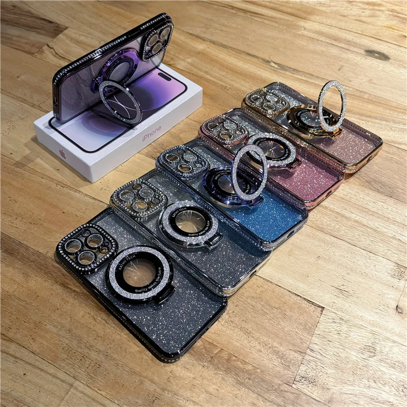 Alternative view of Luxury Plating Glitter Magsafe Magnetic Holder Phone Case For iPhone 11 12 13 14 15 16 Pro Max Bumper Protector On 15 Plus Cover