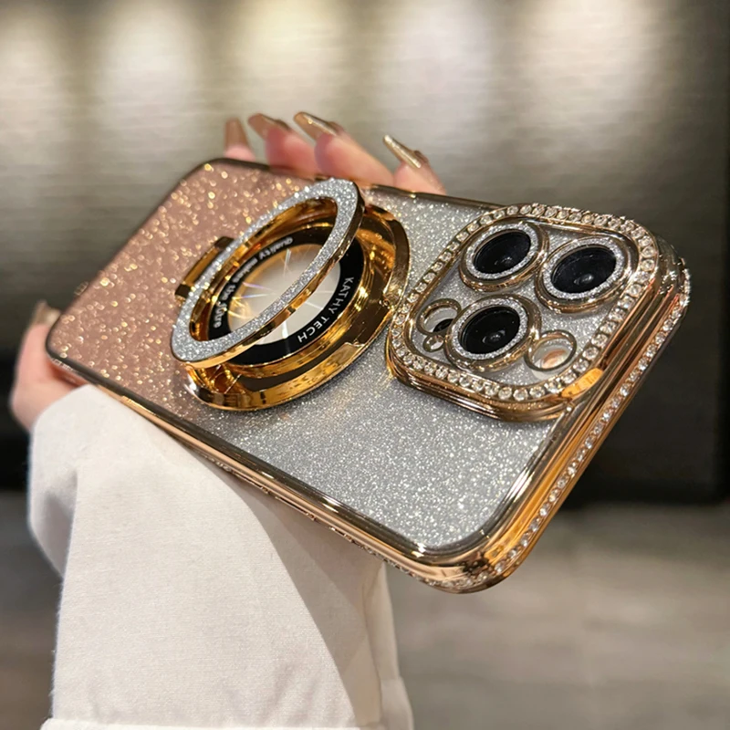 Luxury Plating Glitter Magsafe Magnetic Holder Phone Case For iPhone 11 12 13 14 15 16 Pro Max Bumper Protector On 15 Plus Cover